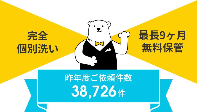 完全個別洗い・最長9ヶ月無料保管／昨年度ご依頼件数38,726件