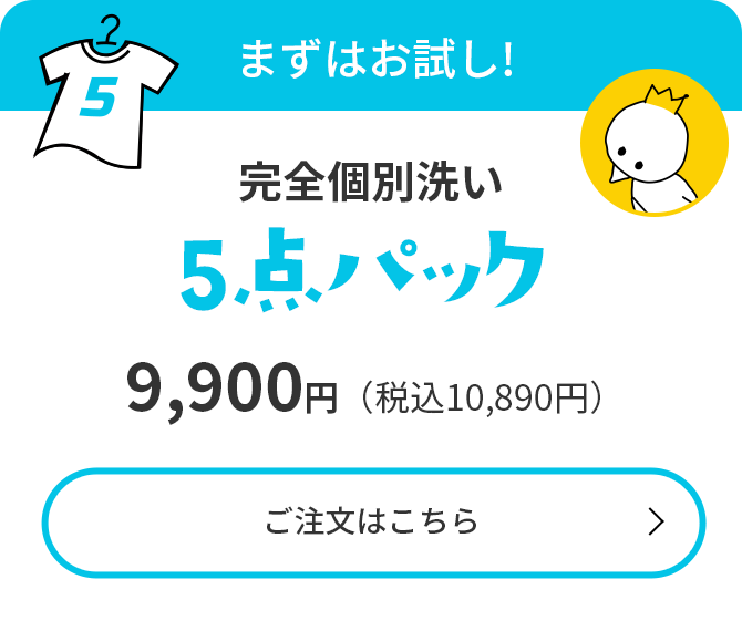 まずはお試し!【衣類クリーニング5点パック】9,900円（税込10,890円）